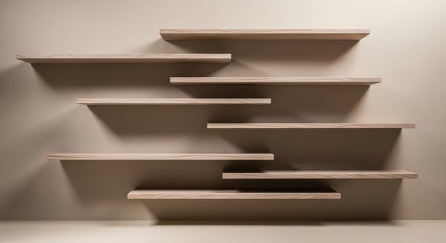 Beige Wall with Asymmetrical Light Brown Wooden Shelves photo