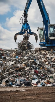 Blue hydraulic claw crane lifting pile of mixed scrap metal and debris at recycling facility industrial photo