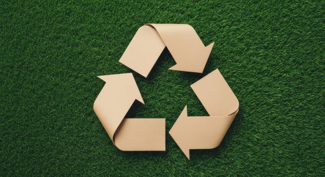 Brown paper recycling symbol on green grass background eco friendly sustainability photo