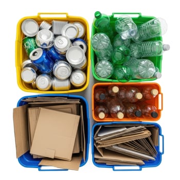 Four colorful bins filled with sorted recyclable materials including aluminum cans plastic bottles and cardboard photo