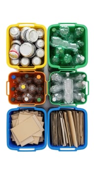Six colorful recycling bins filled with sorted waste materials sorting aluminum cans photo