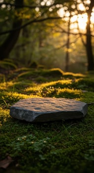 Stone podium on mossy forest floor with golden sunlight nature photo