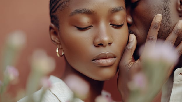 Beautiful African American couple in tender romantic moment with woman's eyes closed and man's hand gently touching her face. Perfect Valentine's Day intimate portrait. photo