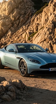 Light blue luxury coupe parked on dirt road with rocky background photo