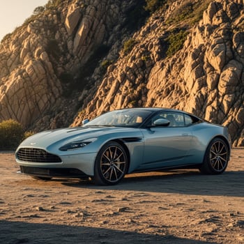 Light blue luxury coupe parked on dirt road with rocky mountain background photo