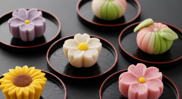 Assortment of Japanese Wagashi sweets in flower and fruit shapes on black plates japanese sweets dessert photo