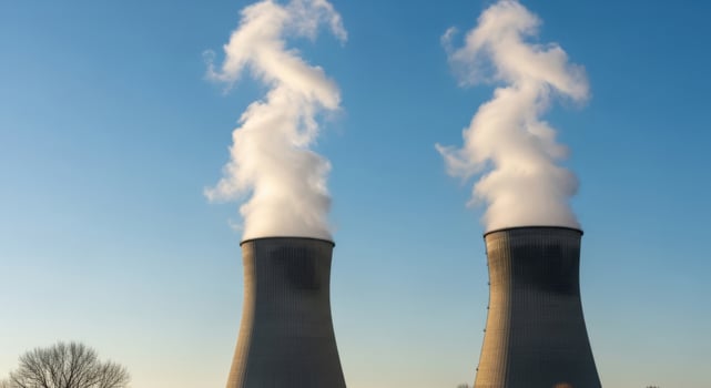 Two cooling towers emitting steam against a clear blue sky power plant smoke photo