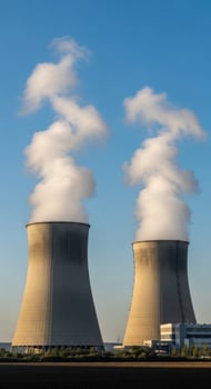 Two large cooling towers emitting white steam against a clear blue sky power plant industrial photo