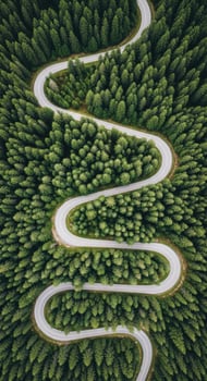 Winding asphalt road through dense green pine forest aerial view winding road pine trees photo