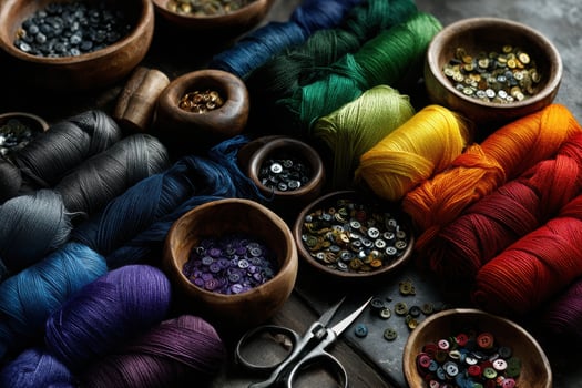 Craft supplies organized in vibrant rainbow colors on a table photo