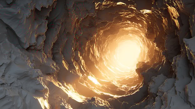 Mysterious cave tunnel with bright light at the end, revealing a hidden world of natural beauty and geological wonders, a journey into the unknown photo