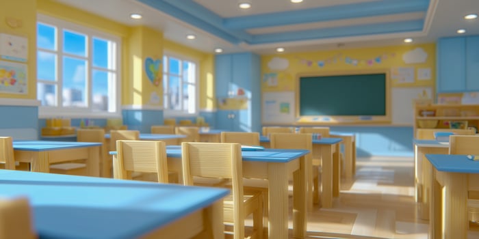 A spacious classroom features light yellow walls and blue desks. Sunlight streams through large windows, illuminating wooden chairs and a green chalkboard. photo