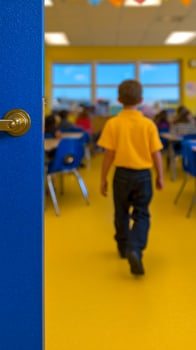 A young child in a yellow shirt walks away from a blue door into a vibrant yellow classroom filled with students seated at blue tables, engaged in activities. photo