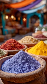 Colorful spices in market bowls photo