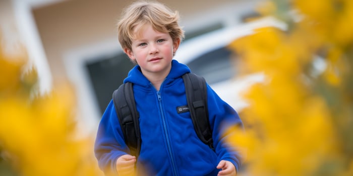 A young boy with tousled blonde hair walks confidently through vibrant yellow flowers, wearing a blue hoodie and a black backpack, with a blurred background. photo