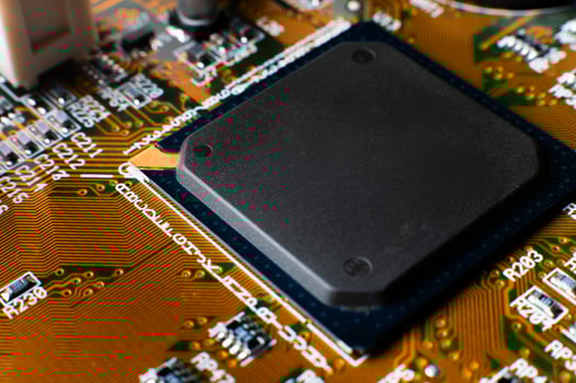 Electronic board close-up. Macro shot of a modern card with a diagram photo