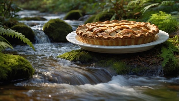 A freshly baked pie resting on a plate beside a serene stream, surrounded by lush greenery and moss photo