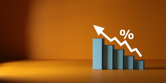 Growth illustrated by an white arrow rising over white ascending bars on orange dark background, symbolizing business success, financial improvement, and positive market trends. 3D render photo