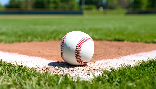 Hyper-realistic, ground-level close-up of a new white baseball resting on the corner of home plate on a sunny field. photo
