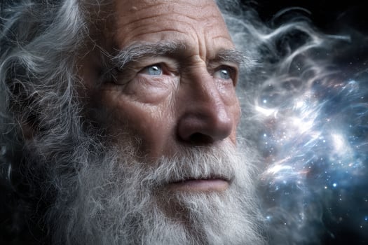 Elderly man gazing thoughtfully into a cosmic and ethereal background photo