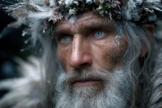 Elderly man with striking features and floral crown in a mystical forest setting photo