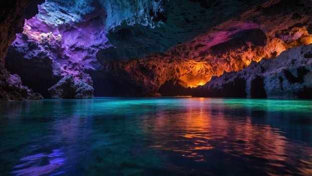 Stunning cave interior with colorful lighting reflecting on water, creating a serene atmosphere photo