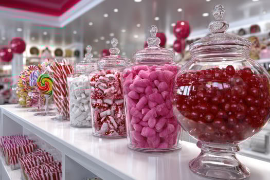 Colorful candy display in glass jars at a sweet shop during the day photo