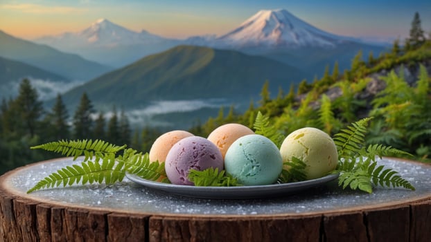 Colorful ice cream scoops on a wooden table with lush ferns, set against a majestic mountain backdrop photo