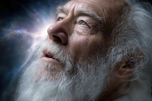 Elderly man gazes upwards in awe during a contemplative moment photo
