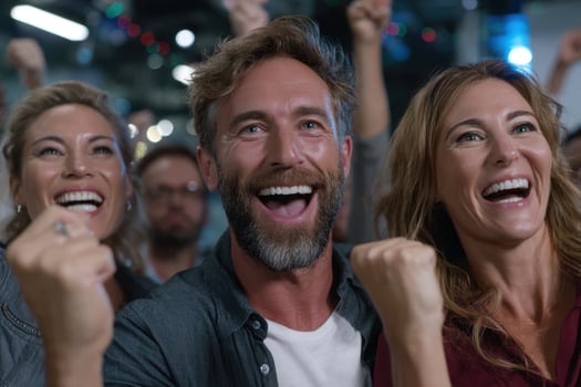 Excited group celebrates victory with cheers at a lively event gathering in the city photo