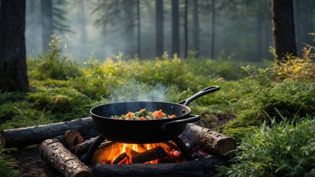 Cooking a colorful vegetable stir-fry over an open fire in a serene forest setting at dusk photo
