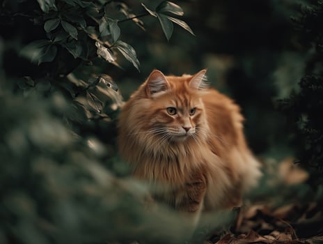 Fluffy orange cat with long hair walks gracefully through lush green foliage, exuding sense of curiosity and elegance. soft lighting highlights its vibrant fur and serene expression photo