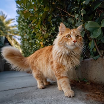 Orange long haired cat with fluffy tail walks confidently along garden path, surrounded by lush green foliage. cat curious expression adds charm to serene outdoor setting photo