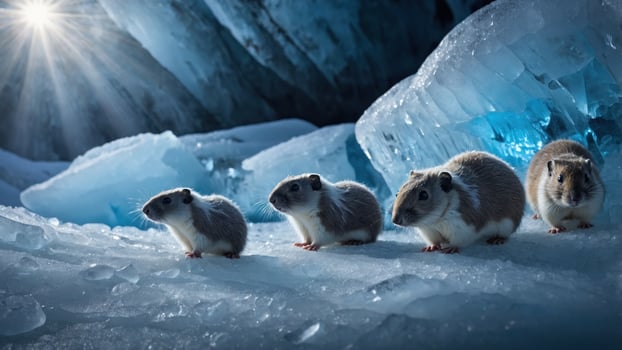 Group of small rodents exploring icy terrain with blue ice formations and sunlight in the background photo
