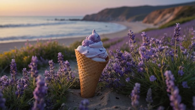 Ice cream cone surrounded by vibrant lavender flowers at sunset on a serene beach landscape photo