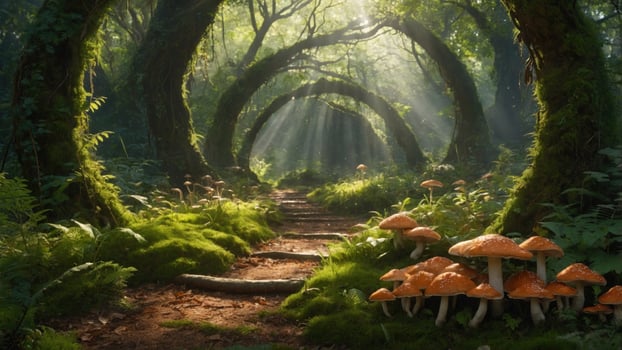 Enchanted forest path with glowing mushrooms under sunlight filtering through lush trees photo