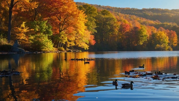 Serene autumn landscape with colorful trees reflecting in calm lake, ducks swimming peacefully photo