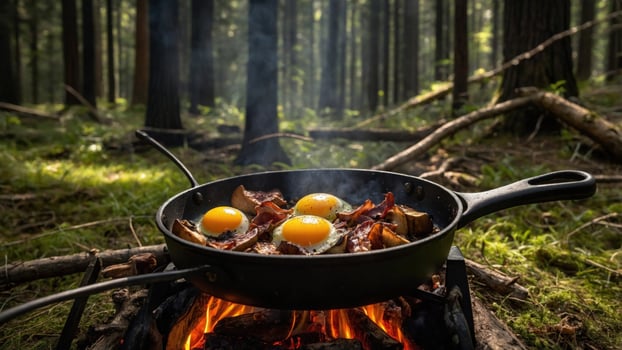 Cooking a hearty breakfast of eggs and bacon over an open fire in a serene forest setting photo