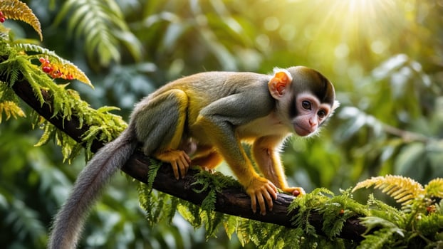 Squirrel monkey perched on a branch amidst lush greenery, with sunlight filtering through leaves photo