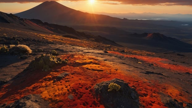 Breathtaking sunset over volcanic landscape showcasing vibrant colors and rugged terrain photo