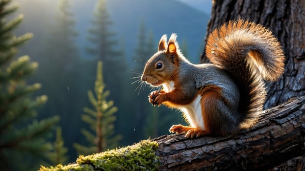 Squirrel perched on a tree branch, enjoying a nut, surrounded by lush green forest scenery photo