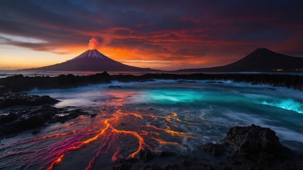 Majestic sunset over volcanic landscape with glowing lava and vibrant ocean waves at twilight photo