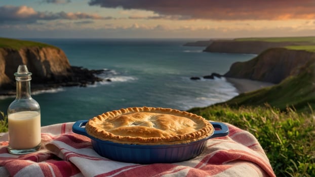 A pie and a glass of milk on a picnic blanket in front of the ocean photo