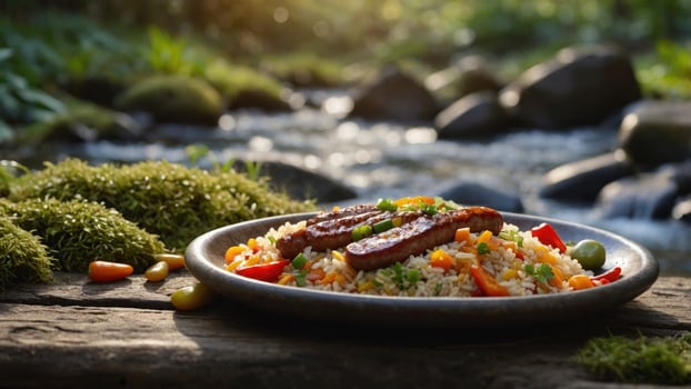 Vibrant plate of fried rice with grilled sausage, surrounded by lush greenery near a tranquil stream photo