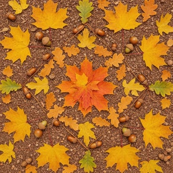 Autumn leaves and acorns arranged in a circular pattern on brown ground fall oak leaves photo