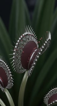 Close up of a decorative Venus flytrap with ornate silver details and red dew drops carnivorous plant photo