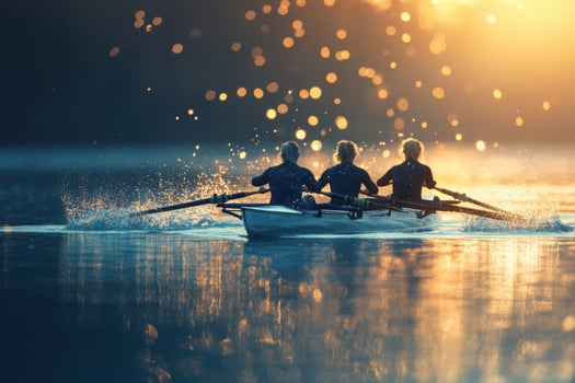Three people rowing on a lake at sunset photo