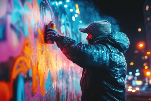 A man in a hoodie painting graffiti on a wall photo