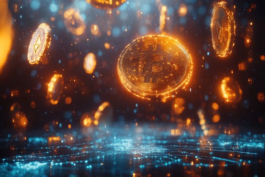 Bitcoin coins floating in the air with a glowing light photo