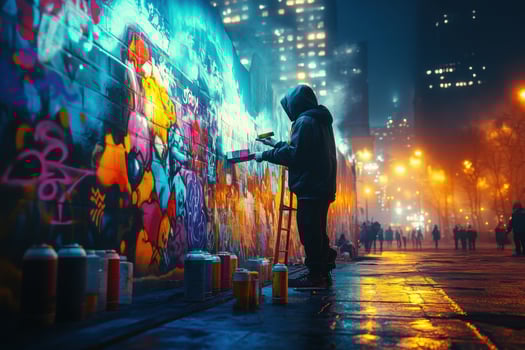 A man is painting graffiti on a wall at night photo